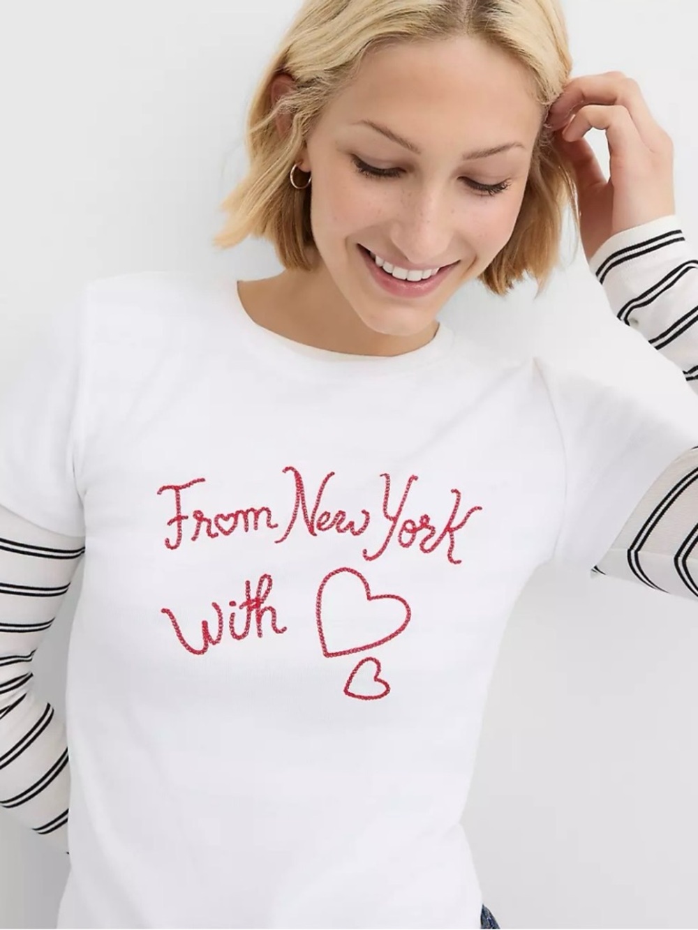 LOFT White Short Sleeve Tee with Red 'From New York' Embroidery